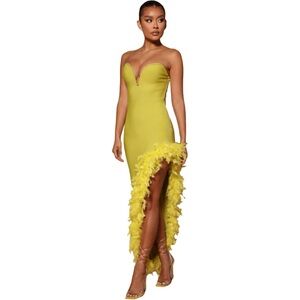 Elegant Strapless Yellow Dress with Feather Detail: Medium
